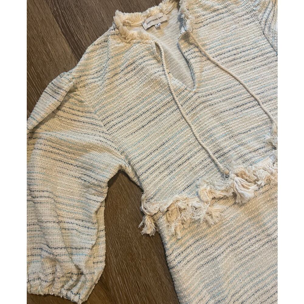 Something Navy Piper Fringe Dress Boho Tasseled Knitted Midi Cream Medium - Picture 6 of 9